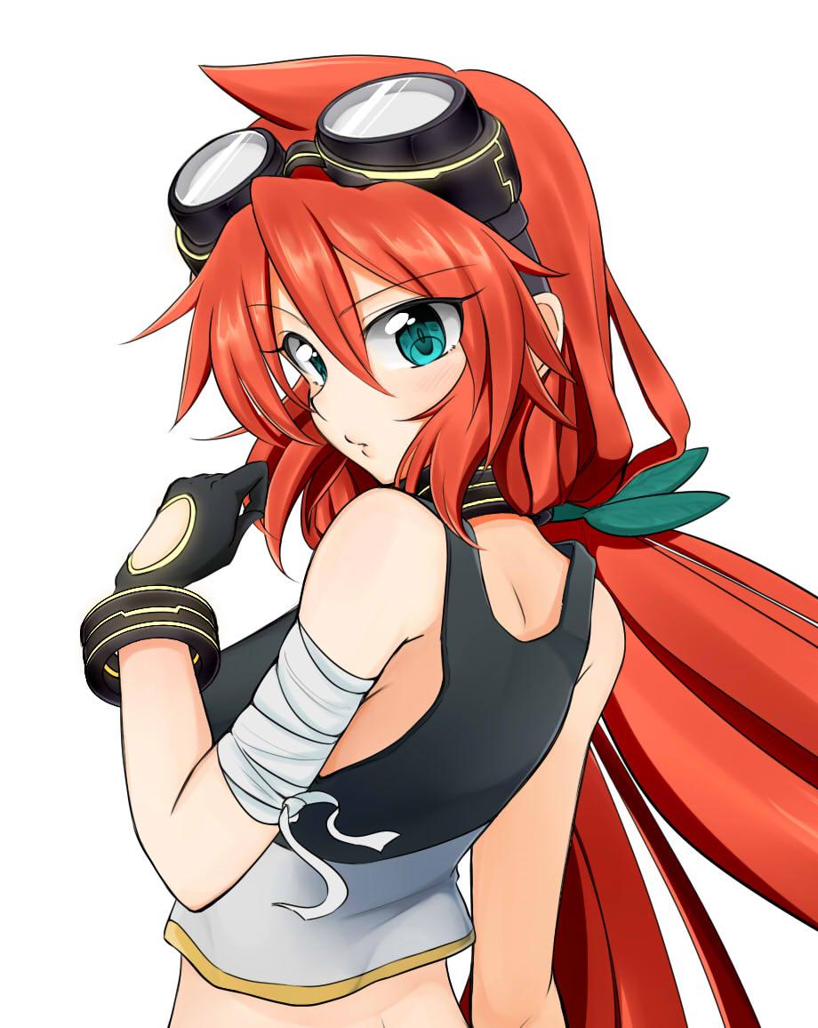 1girl ahoge amano_tora back bandages bangs bare_shoulders breasts collar crop_top from_behind gloves goggles goggles_on_head green_eyes hair_between_eyes kazenoko long_bangs long_hair looking_at_viewer looking_back nape orange_hair original puckered_lips sarashi simple_background solo tank_top twintails upper_body very_long_hair white_background