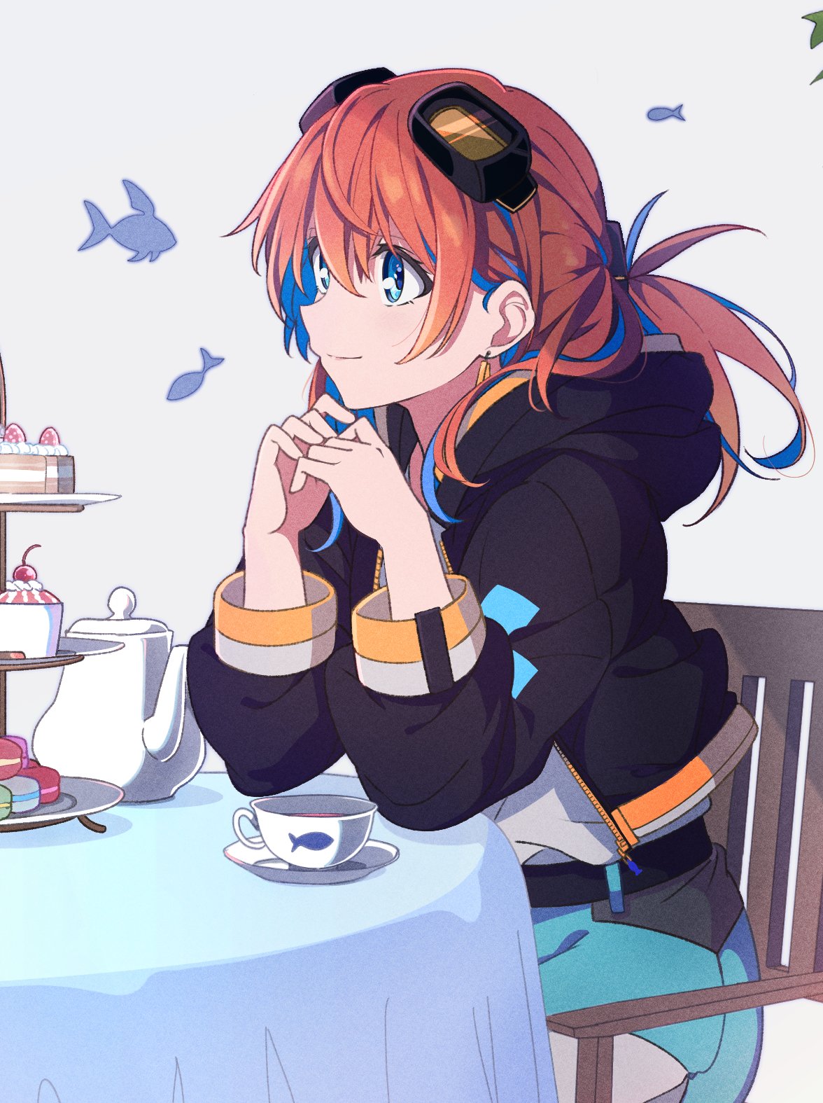 1girl aqua_eyes belt black_jacket blue_hair colored_inner_hair cup elbow_rest fish from_side goggles goggles_on_head hair_behind_ear highres indie_virtual_youtuber jacket kazenoko long_hair long_sleeves looking_ahead multicolored_hair orange_hair original ponytail shirt_tucked_in shorts sitting smile solo table tadase_kairi tareme teacup teapot two-tone_hair