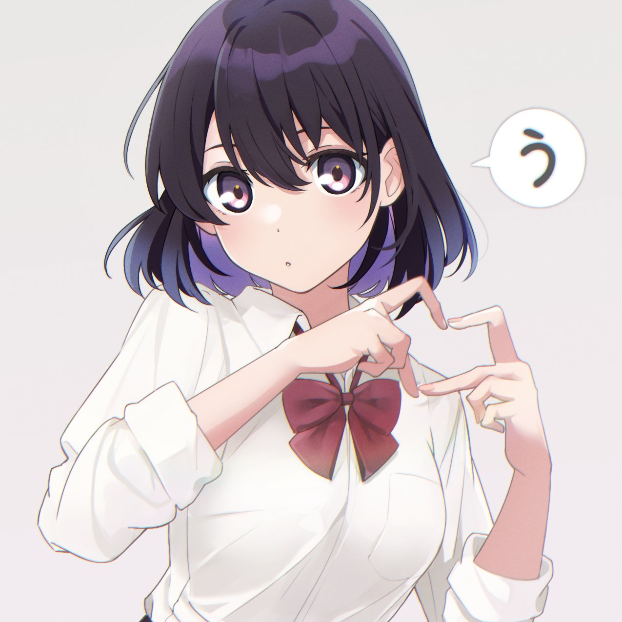 1girl :o bow bowtie breast_pocket breasts collared_shirt colored_inner_hair dress_shirt grey_background hair_between_eyes heart heart_hands highres kazenoko long_sleeves looking_at_viewer medium_breasts medium_hair multicolored_hair original pocket purple_eyes purple_hair red_bow red_bowtie shirt simple_background sleeves_rolled_up speech_bubble upper_body white_shirt wing_collar