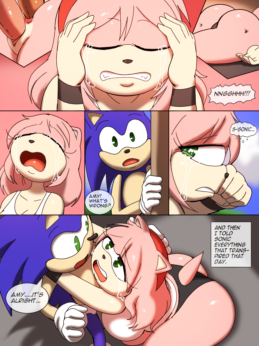 amy_rose anal anthro big_butt blue_body blue_fur bodily_fluids butt clothed clothing comic crying duo eulipotyphlan female fur green_eyes hedgehog hi_res male male/female mammal pink_body pink_fur sad sega sex shirt skimpy sonic_the_hedgehog sonic_the_hedgehog_(series) tank_top tears text topwear vaginal zaviel