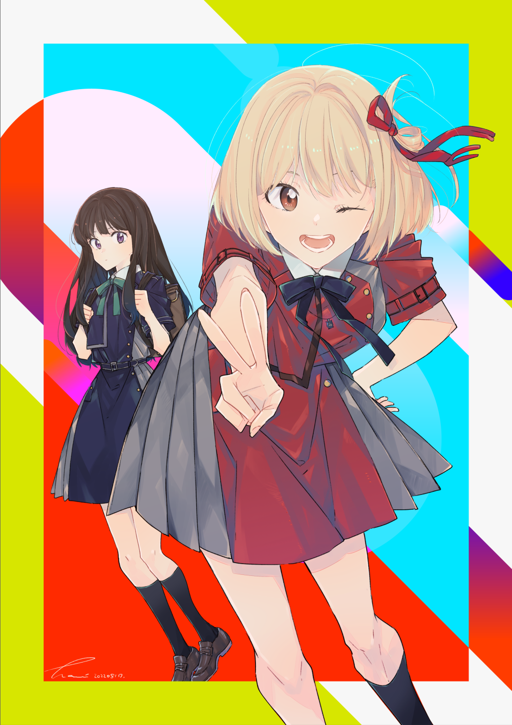 2girls ;d backpack bag bangs black_dress black_hair black_socks blonde_hair brown_footwear closed_mouth commentary_request dated dress eyebrows_hidden_by_hair grey_dress hami_(lvct) hand_on_hip hands_up highres holding_strap inoue_takina leaning_forward loafers long_hair looking_at_viewer lycoris_recoil multiple_girls nishikigi_chisato one_eye_closed outstretched_arm pleated_dress purple_eyes red_dress red_eyes shoes short_sleeves signature smile socks v very_long_hair