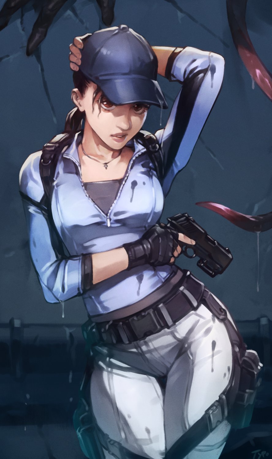 1girl arm_behind_head baseball_cap breasts broken_wall brown_hair claws cross cross_necklace damaged dripping english_commentary fingerless_gloves gloves gun handgun hat highres holding holding_gun holding_weapon holster jewelry jill_valentine licker_(resident_evil) long_hair long_tongue looking_at_viewer necklace optionaltypo pants ponytail prehensile_tongue resident_evil resident_evil_5 shoulder_holster thigh_holster tongue trigger_discipline very_long_tongue wall weapon