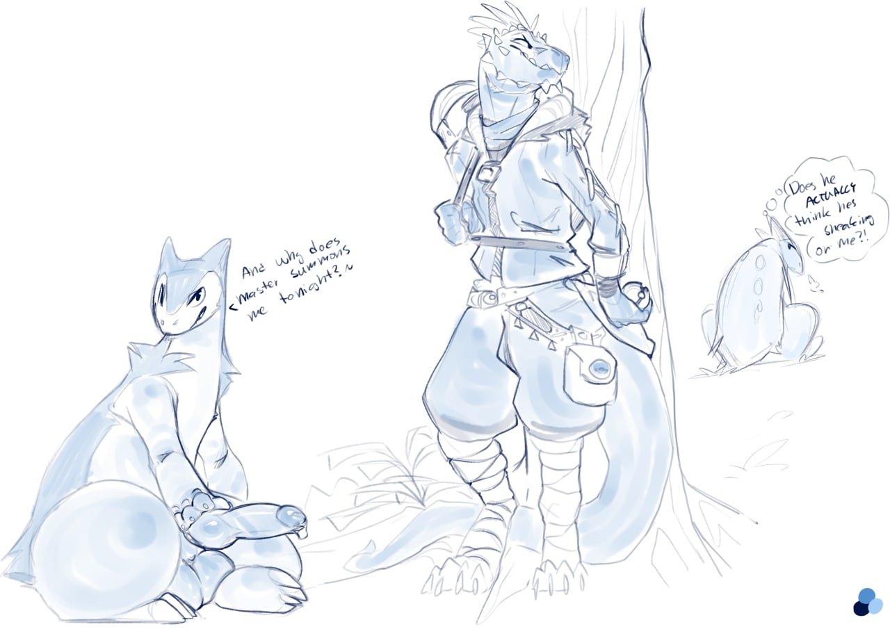 anthro argonian backpack bag baggy_pants balls behind_tree belt bethesda_softworks big_balls big_penis bodily_fluids bottomwear breath claws clothing dialogue dripping duo english_text erection facial_spikes fur genital_fluids genitals hiding_behind_object hiding_behind_tree holding_object holding_pok&eacute;ball jacket knot laces leaning_on_object leaning_on_tree leg_wraps long_tail looking_at_viewer looking_back male male/male monochrome nintendo on_ground pants penis plant pok&eacute;ball pok&eacute;mon pok&eacute;mon_(species) precum precum_drip redishdragie scales scalie shoulder_tuft shrub simple_background sitting sitting_on_ground sketch smile spikes spikes_(anatomy) talking_to_viewer teeth text the_elder_scrolls thought_bubble toe_claws topwear tree tuft typhlosion video_games white_background wraps zipper