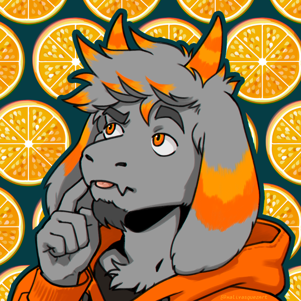 1:1 anthro blep bovid bust_portrait caprine clothing facial_hair fangs floppy_ears food fruit fur goat goatee grey_body grey_fur gusta_(gusta) hair hoodie horn kalivasquez male mammal orange_(fruit) orange_clothing orange_eyes orange_hoodie orange_horn orange_stripes orange_topwear pattern_background plant portrait simple_background solo stripes tongue tongue_out topwear