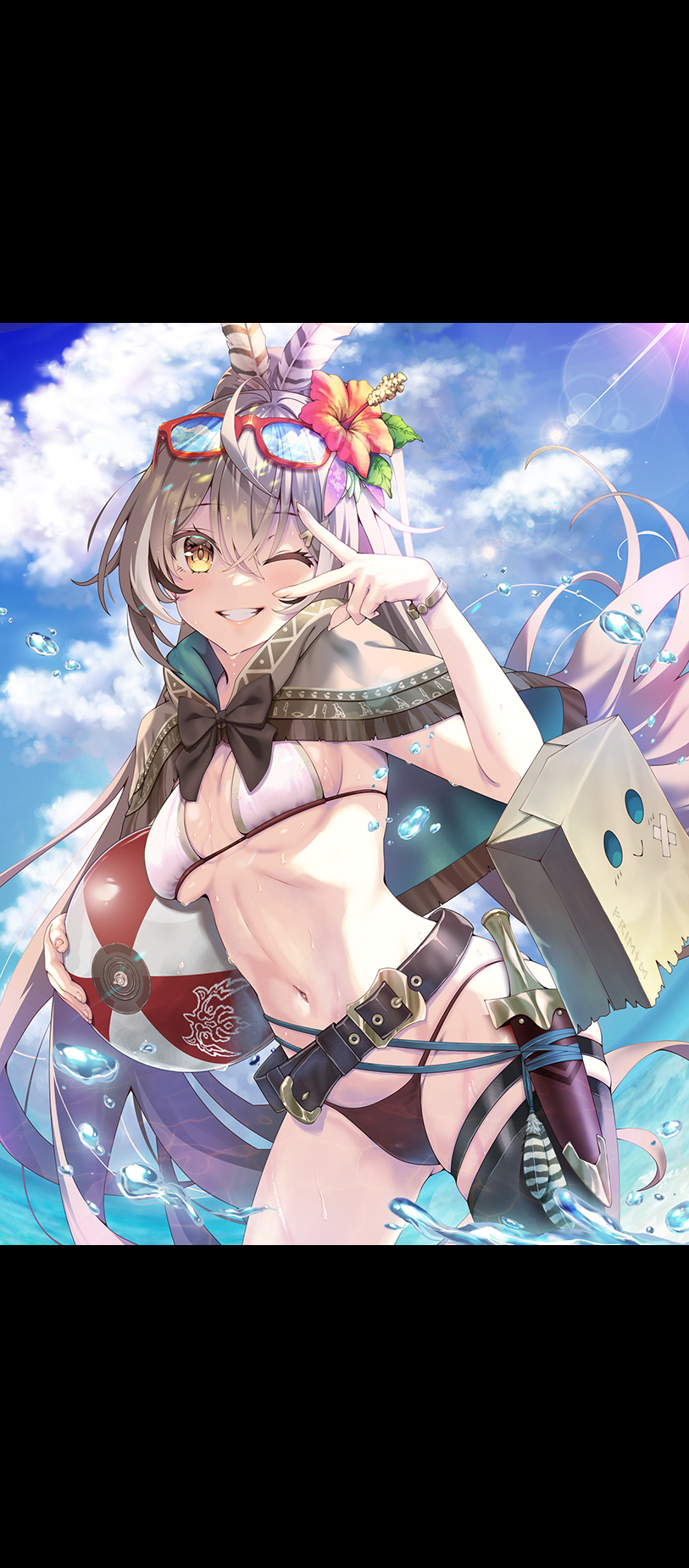 1girl ass_visible_through_thighs ball bangs beachball belt bikini black_thighhighs bracelet breasts brown_bikini brown_hair capelet commentary_request crossed_bangs dagger day eyewear_on_head flower friend_(nanashi_mumei) grin hair_flower hair_ornament highres holding holding_ball hololive hololive_english in_water jewelry knife kubota_masaki letterboxed long_hair looking_at_viewer medium_breasts nanashi_mumei navel ocean one_eye_closed orchid outdoors ponytail sheath sheathed single_thighhigh smile solo standing stomach sunglasses sunlight swimsuit teeth thigh_gap thighhighs v very_long_hair water weapon wet white_bikini yellow_eyes