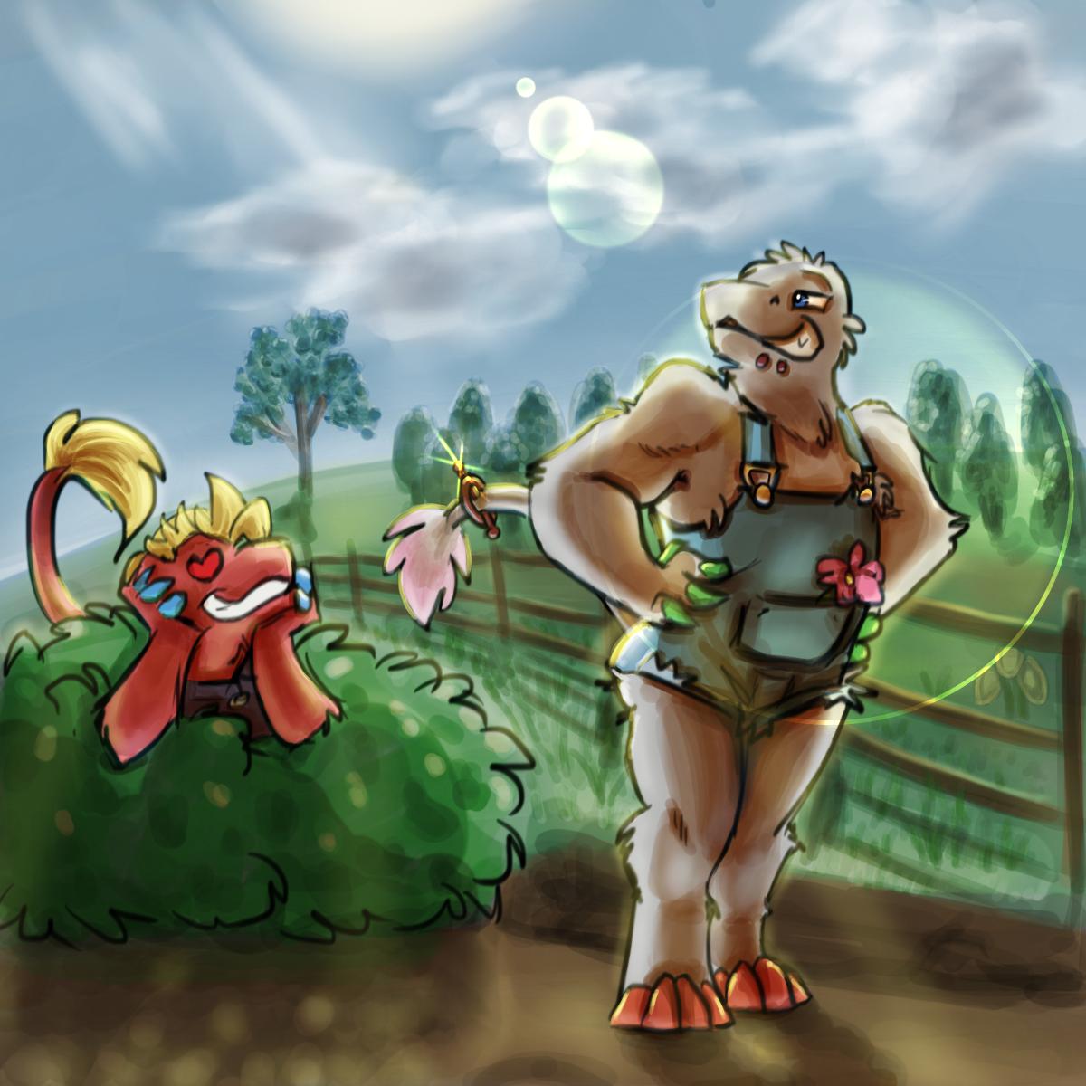 &lt;3 &lt;3_eyes anthro chupadore clothing colored_nails crossroadspony detailed_background duo field franklin_donut furgonomics furry-specific_piercing grin hand_on_cheek hands_on_hips hi_res hiding_in_bushes lens_flare male muscular nails overalls piercing raemyshu samael_wurlitz smile