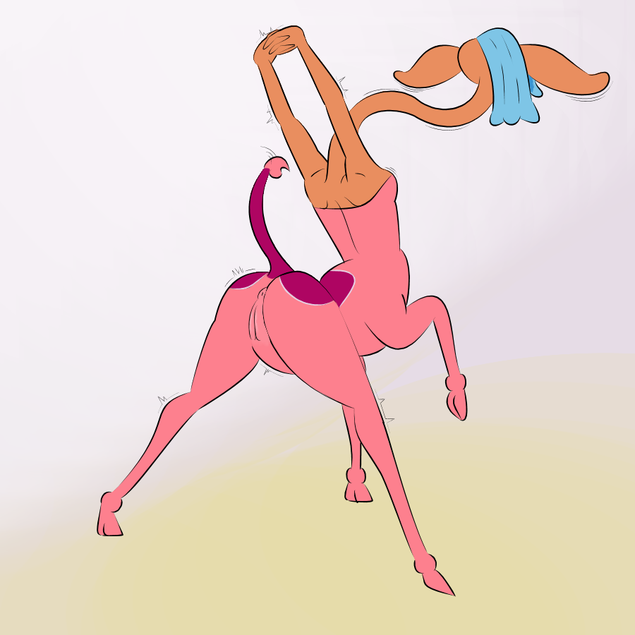 antelope anus around_drum blue_hair bovid butt centaurworld female genitals gerenuk gerenuk_taur glendale_(centaurworld) hair long_neck mammal netflix pink_body pussy raised_tail rear_view solo stretching taur true_antelope