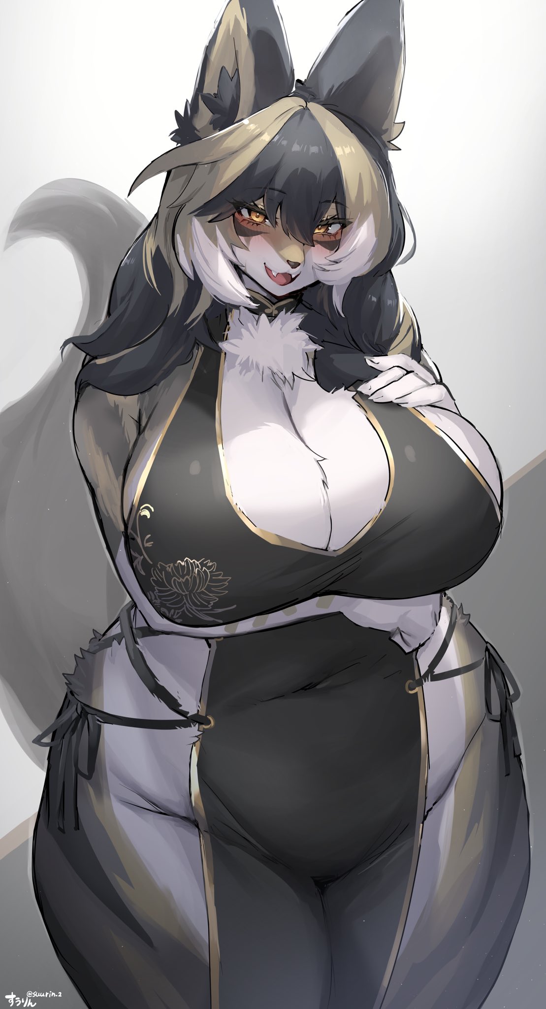 anthro arm_under_breasts bangs belly big_breasts big_ears black_nose blush bow_(feature) breasts canid canine cheek_markings chest_tuft cleavage cleavage_cutout clothed clothing countershade_face countershade_fur countershade_legs countershade_neck countershade_torso countershading cute_fangs eye_markings eye_through_hair eyelashes facial_markings fangs female fluffy_ears fox fur furry_breasts grey_body grey_fur hair hair_on_shoulders half-closed_eyes hand_on_breast happy head_markings hi_res huge_breasts inner_ear_fluff long_hair looking_at_viewer mammal markings multicolored_body multicolored_fur multicolored_hair narrowed_eyes natural_colors navel open_mouth overweight overweight_anthro overweight_female portrait seductive simple_background skimpy small_nose smile solo suurin_2 thick_eyelashes three-quarter_portrait tight_clothing translucent translucent_hair tuft white_body white_countershading white_fur yellow_body yellow_eyes yellow_fur