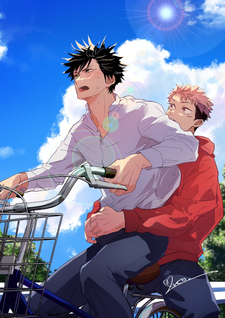 2boys bicycle bicycle_basket black_hair blue_sky branch character_request cloud cloudy_sky copyright_request crew_cut day grabbing grabbing_from_behind ground_vehicle holding_another's_wrist juju_net jujutsu_kaisen multiple_boys open_mouth outdoors pink_hair riding signature sky summer sun sweat teeth tree upper_teeth