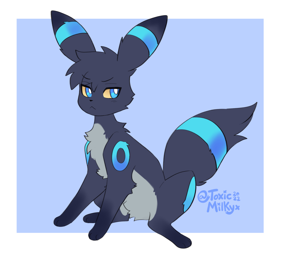 black_body blue_body blue_eyes border eeveelution feral frown grey_body male nintendo pok&eacute;mon pok&eacute;mon_(species) quadruped shiny_pok&eacute;mon signature simple_background sitting solo text toxicmilkyx umbreon url video_games white_border