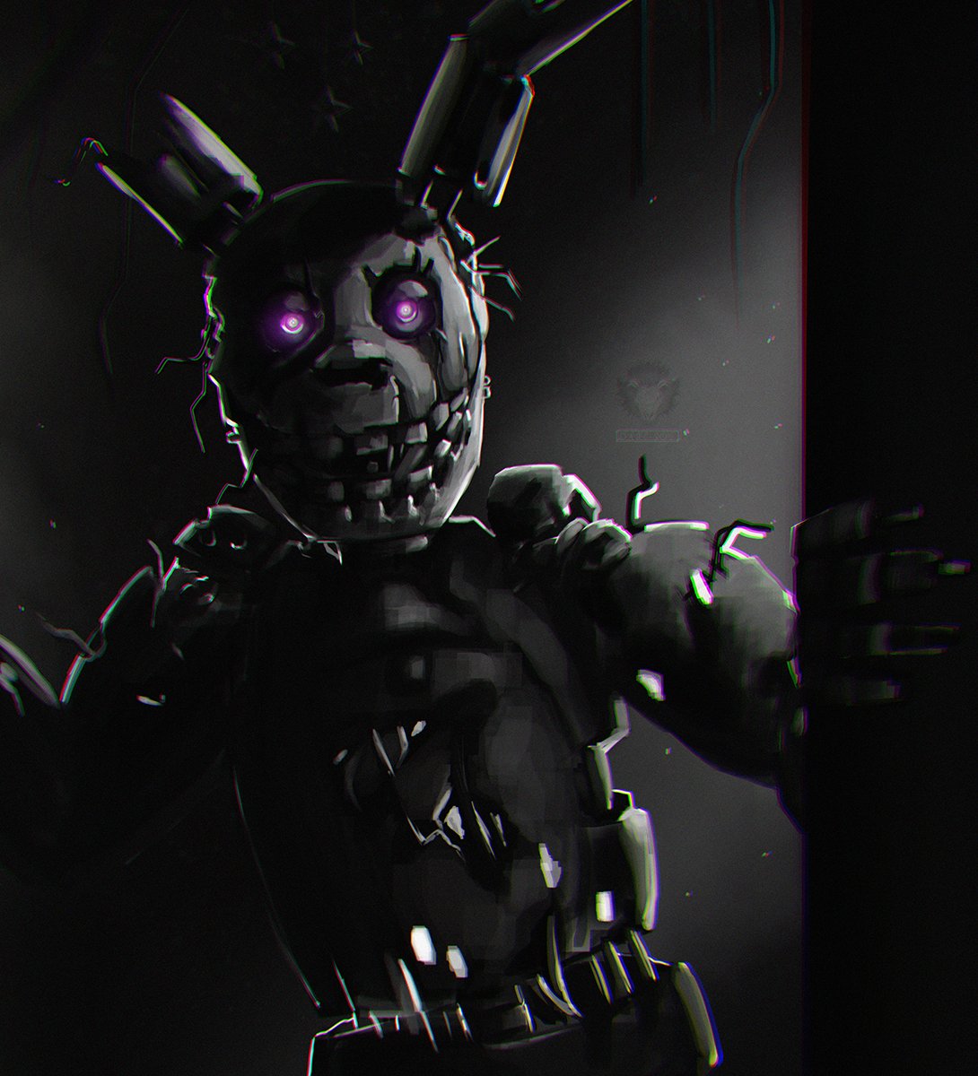 2022 animatronic anthro chromatic_aberration dark dark_theme darlsol digital_media_(artwork) digital_painting_(artwork) five_nights_at_freddy's five_nights_at_freddy's_3 glowing glowing_eyes grey_theme hi_res lagomorph leporid machine male mammal open_mouth open_smile purple_eyes rabbit robot scottgames smile solo springtrap_(fnaf) teeth video_games wire