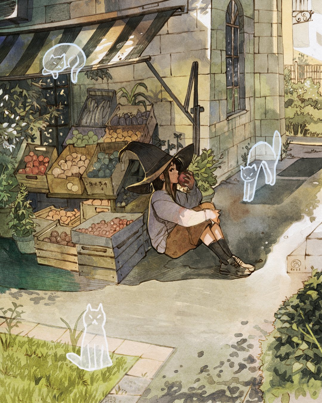 1girl apple black_hair black_socks building calf_socks cat crate eating food fruit ghost hat highres lemon on_ground original plant simz sitting socks sweatshirt witch witch_hat