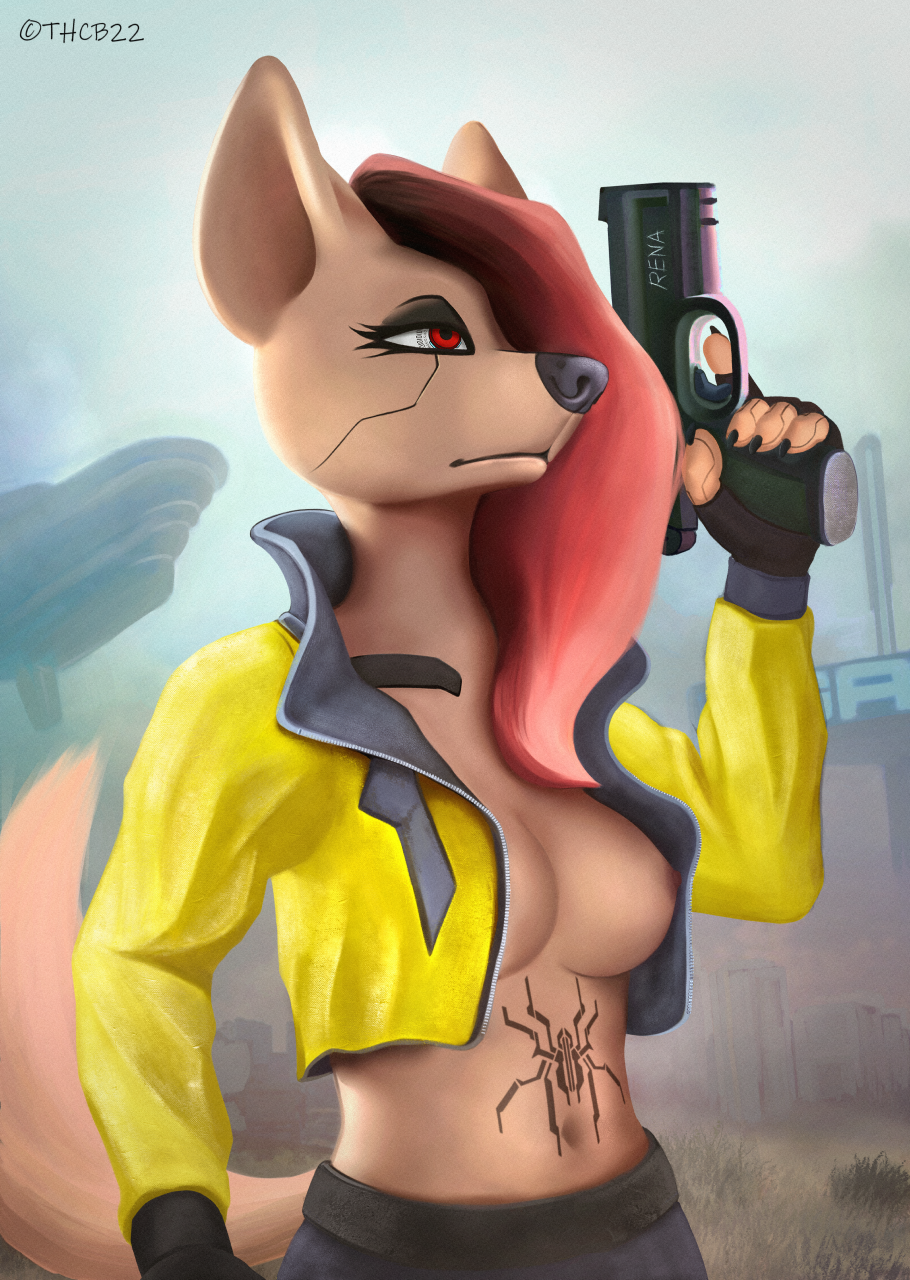 anthro belly_tattoo biker biker_girl biker_jacket braless breasts canid canine canis clothed clothing coyote cybernetics cyberpunk cyberpunk_2077 detailed_background detailed_eyes detailed_foreground exposed_breasts fabric female fingerless_gloves gloves gun hair handwear hi_res inner_boob jacket jacket_only machine mammal nipple_fetish nipples portrait pose ranged_weapon red_eyes red_hair rena_(thrashcub) side_boob solo standing tattoo thrashcub topless topless_anthro topless_female topwear under_boob weapon yellow_clothing yellow_jacket_(clothing) yellow_topwear