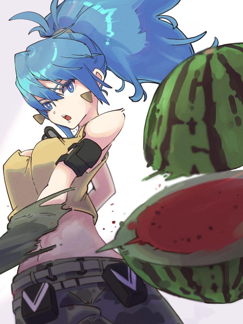 1girl bare_shoulders belt blue_eyes blue_hair breasts camouflage camouflage_pants cutting dog_tags earrings food fruit gloves highres irc14786149 jewelry leona_heidern pants ponytail pouch simple_background slashing sleeveless solo tank_top the_king_of_fighters the_king_of_fighters_xv triangle_earrings watermelon watermelon_slice white_background yellow_tank_top