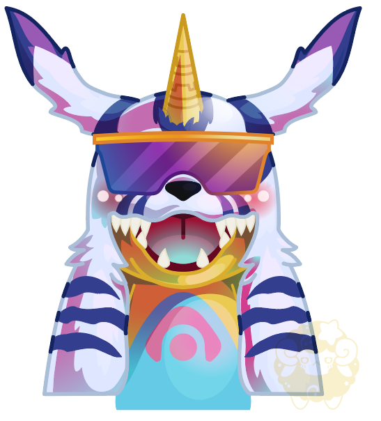 anthro bandai_namco belly belly_markings blush digimon digimon_(species) eyewear fur gabumon horn male markings parweenie solo striped_body striped_fur stripes sunglasses yellow_body