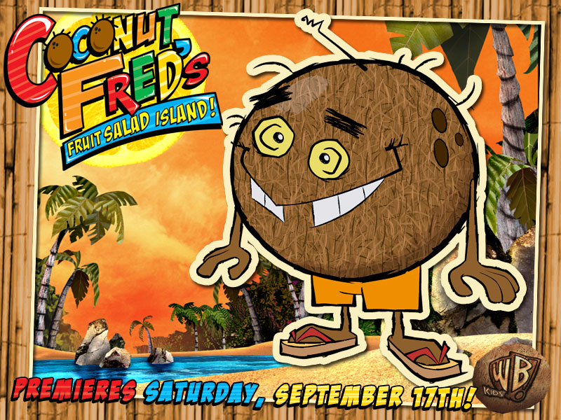 2005 advertisement beach border bottomwear brown_body closed_smile clothed clothing coconut coconut_fred coconut_fred's_fruit_salad_island detailed_background digital_drawing_(artwork) digital_media_(artwork) drupe_(fruit) elemental_creature english_text exposed_teeth flip_flops flora_fauna food food_creature footwear fruit kids_wb living_fruit logo male mouth_closed not_furry official_art orange_bottomwear orange_clothing orange_shorts orange_sky palm_tree plant pond promotional_art rock sand sandals seaside shorts smile solo standing teeth text toony tooth_gap topless tree unknown_artist waddling_head warner_brothers water yellow_sclera