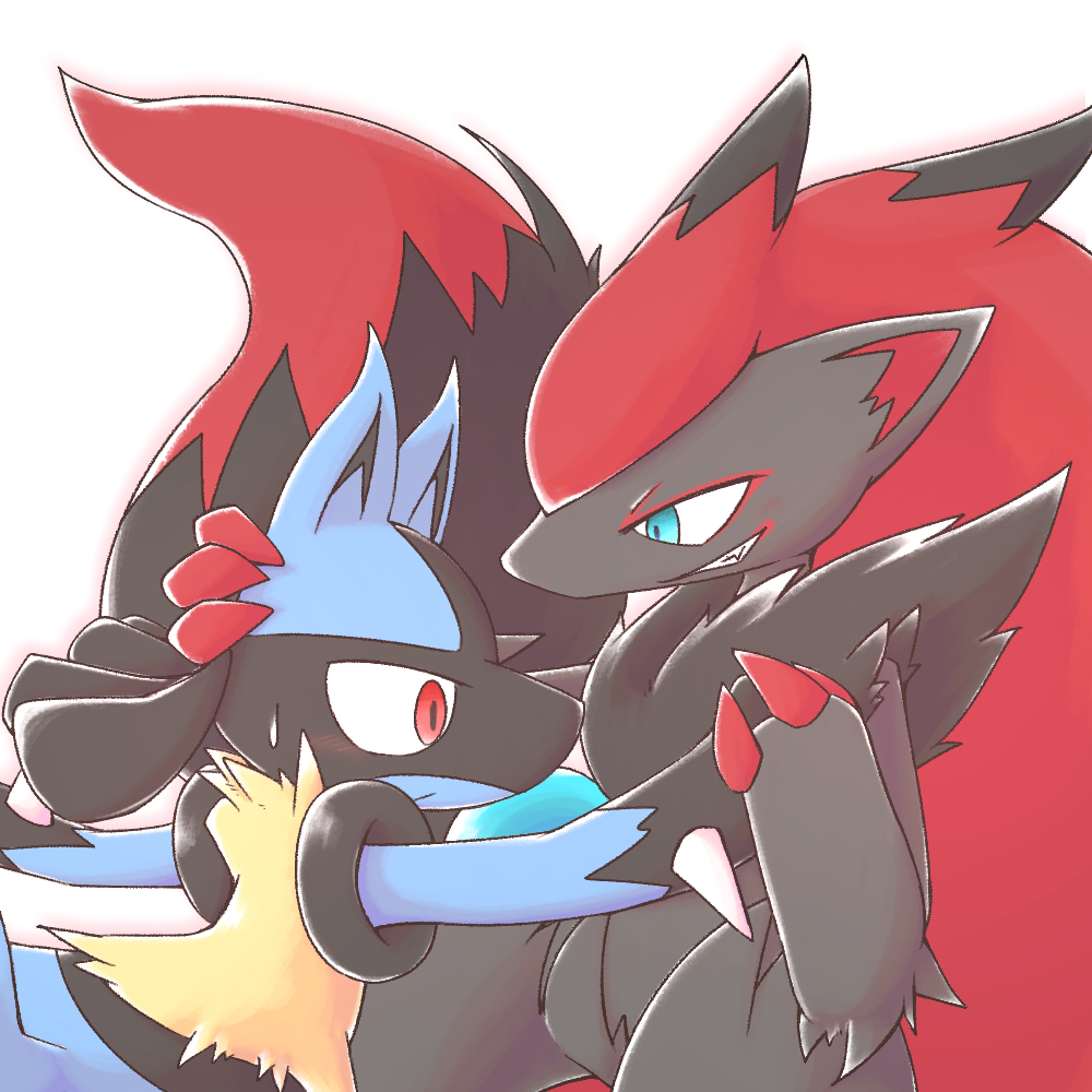 3_fingers ambiguous_gender anthro black_body black_fur blue_eyes bodily_fluids chaba duo fingers fur hand_holding light_blush looking_aside looking_at_another lucario multicolored_body multicolored_fur nintendo pok&eacute;mon pok&eacute;mon_(species) red_eyes simple_background surprised_expression sweat sweatdrop two_tone_body two_tone_fur video_games white_background yellow_body yellow_fur zoroark