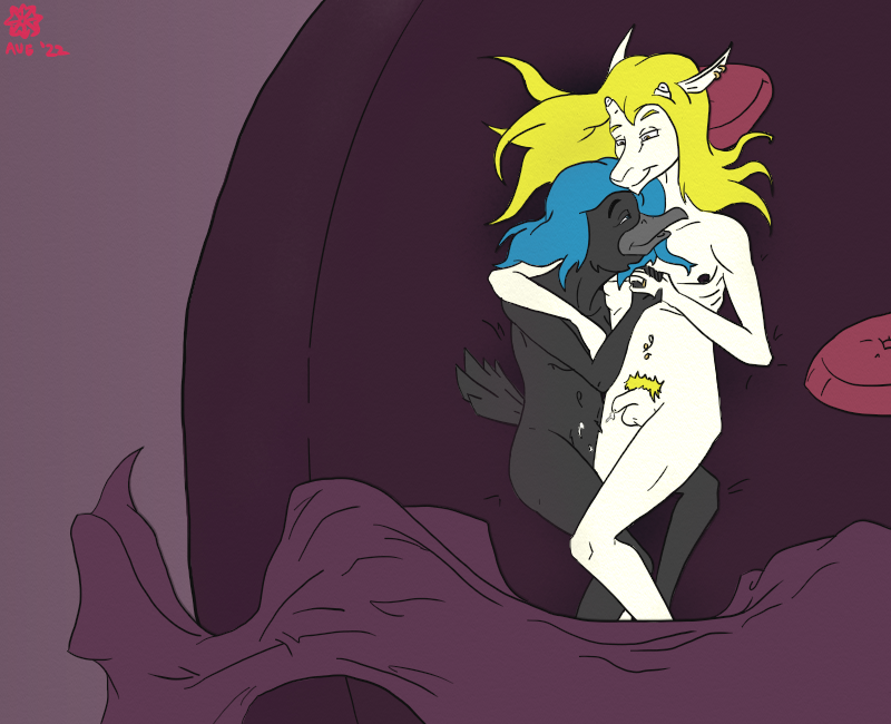 achromatic_stallion after_sex afterglow anthro avian bed bedding bedroom bedroom_eyes bedroom_sex bird blanket blonde_hair blonde_pubes blue_hair bodily_fluids bovid caprine corvid corvus_(genus) cuddling cum cum_on_body cum_on_partner cum_on_penis dalon_malagan_(underlings) digit_ring duo ear_piercing eloi_malagan_(underlings) female fur furniture genital_fluids genitals goat hair husband husband_and_wife jewelry long_hair love male male/female mammal married_couple narrowed_eyes navel navel_piercing nipples oscine passerine penis piercing pubes raven ring romantic romantic_ambiance romantic_couple science_fiction seductive underlings_(unknown_animation_studios) wedding_ring white_body white_fur wife