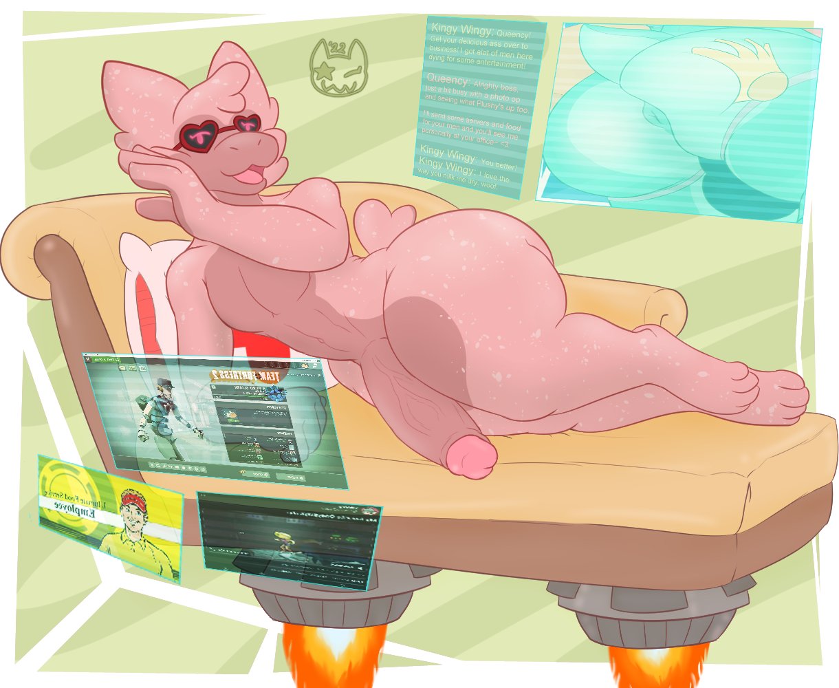 &lt;3_glasses 2022 anthro bedroom_eyes big_penis butt english_text eyewear fire genitals glasses gremlin_(spiral_knights) hand_on_butt hoverboard inviting male narrowed_eyes navel nude open_mouth open_smile penis pillow pink_body pink_eyes plooshytooshy plushy_(aurathecynders) queency_(aurathecynders) raised_tail seductive small_tail smile solo spiral_knights spread_butt spreading teal_body team_fortress_2 text text_box valve vein video_games