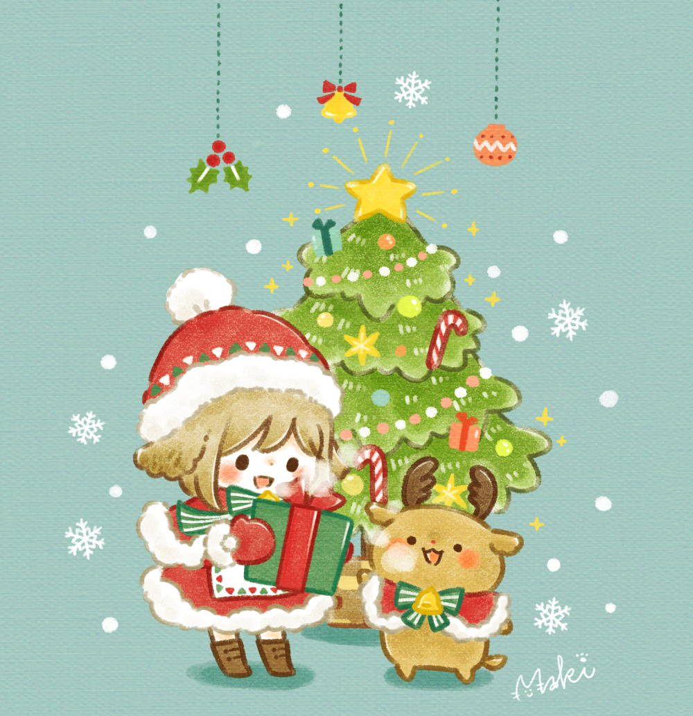 1girl :d animal animal_ears apron bangs bell blush_stickers boots box breath brown_hair candy candy_cane capelet chara_chara_makiato chibi christmas christmas_ornaments christmas_star christmas_tree deer_ears dress food fur-trimmed_capelet fur-trimmed_dress fur-trimmed_headwear fur_trim gift gift_box hat holding holding_box holding_gift holly mittens open_mouth original pom_pom_(clothes) reindeer ribbon smile snowflakes
