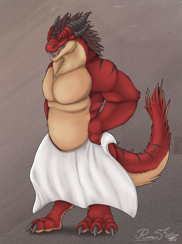 2022 anthro barefoot biceps black_claws black_horn black_spikes black_stripes claws clothed clothing coalt digital_media_(artwork) dragon feet fluffy fluffy_tail fur furred_dragon green_eyes grey_background hands_on_hips holding_object holding_towel horn male multi_horn muscular muscular_anthro muscular_male open_mouth pecs red_body red_fur rimentus sharp_teeth signature simple_background solo spiked_tail spikes spikes_(anatomy) standing stripes tan_body tan_fur teeth toe_claws topless topless_male towel towel_around_waist wingless_dragon