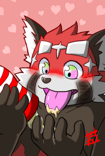 &lt;3 2022 ailurid anthro black_body black_nose blush bodily_fluids cum genital_fluids humanoid_hands katazaki kemono lifewonders male mammal red_body red_panda sex_toy slightly_chubby solo tokyo_afterschool_summoners tongue tongue_out video_games zhurong_(tas)