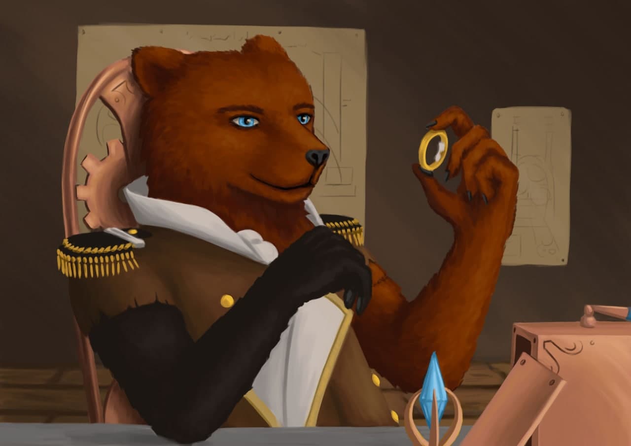 anthro blue_eyes brown_body brown_fur clothing fur male mammal nafeon saphyll sitting solo steampunk uniform ursid