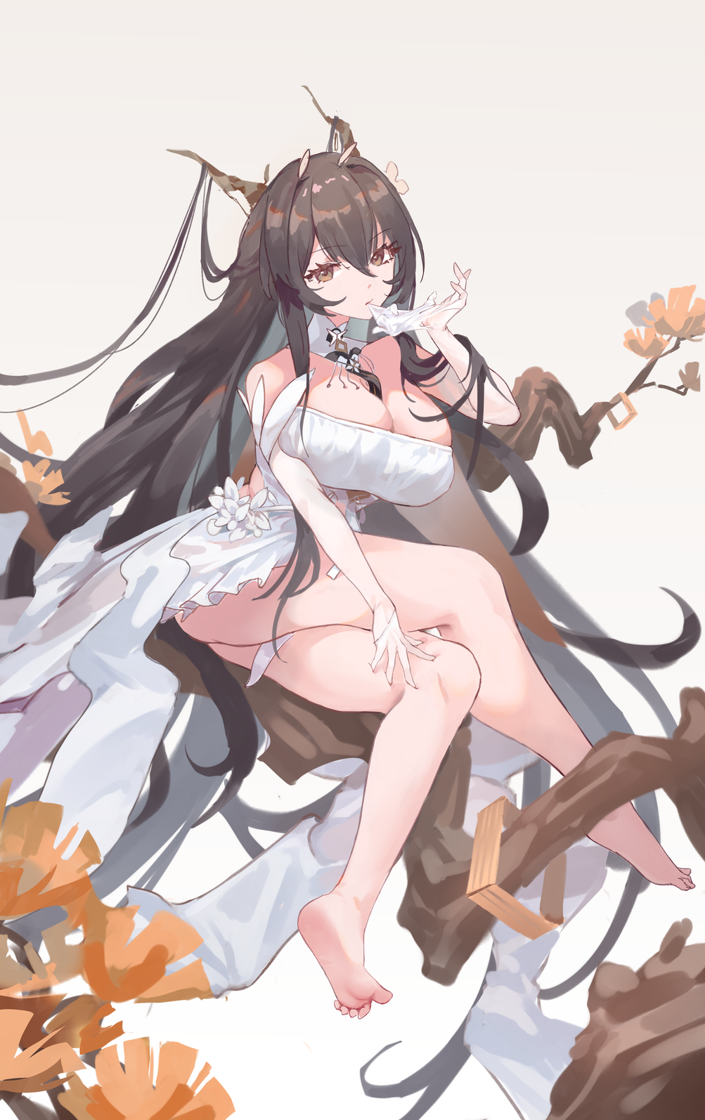 1girl antlers azur_lane biting black_hair breasts cleavage dress full_body glove_biting glove_in_mouth gloves gloves_removed green_eyes hair_between_eyes highres huge_breasts indomitable_(azur_lane) long_hair looking_at_viewer mouth_hold sitting sleeveless sleeveless_dress solo very_long_hair vogel white_dress white_gloves