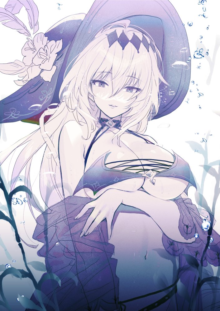 1girl ahoge arm_under_breasts bare_shoulders bikini breasts bubble choker dark_jeanne flower granblue_fantasy hair_between_eyes hairband hat hat_feather hat_flower jeanne_d'arc_(granblue_fantasy) jewelry koza_game large_breasts long_hair looking_at_viewer monochrome navel see-through see-through_sleeves swimsuit wide_brim