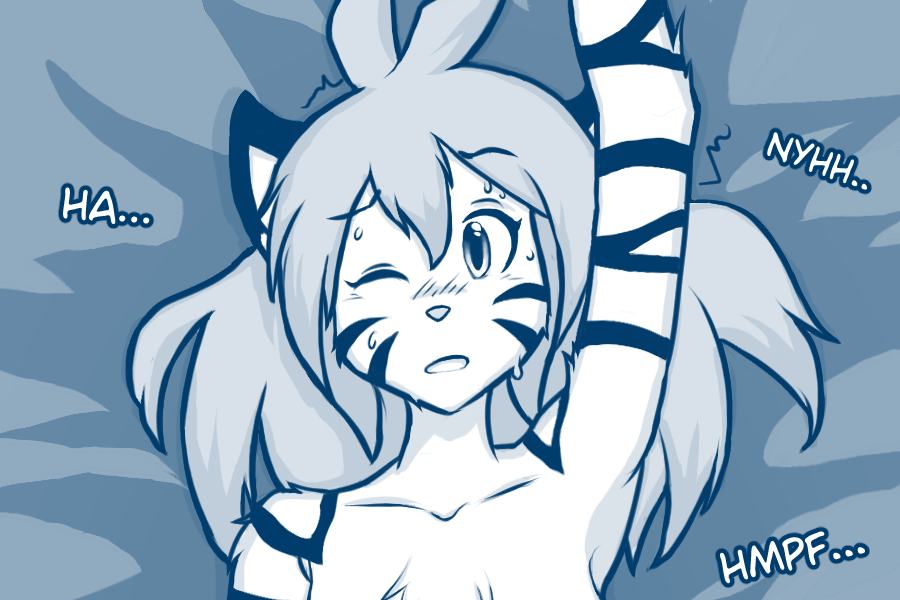 2022 3:2 anonymous_artist anthro blue_and_white blush bodily_fluids breasts chest_tuft digital_media_(artwork) ears_up felid female flora_(twokinds) fur hair keidran looking_pleasured lying mammal moan monochrome nude on_back one_eye_closed open_mouth pantherine shaking solo striped_body striped_fur stripes suggestive sweat text tiger tuft twokinds webcomic webcomic_character