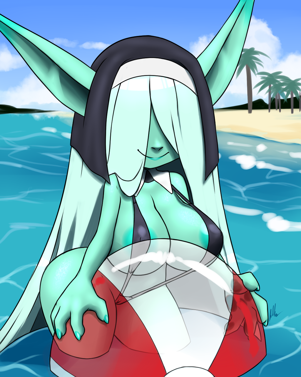 areola areola_slip ball beach beach_ball female furball_(artist) goblin hair hi_res hidden_eyes humanoid inflatable long_hair meeya_(furball) nun nun_outfit sea seaside short_stack smile solo water