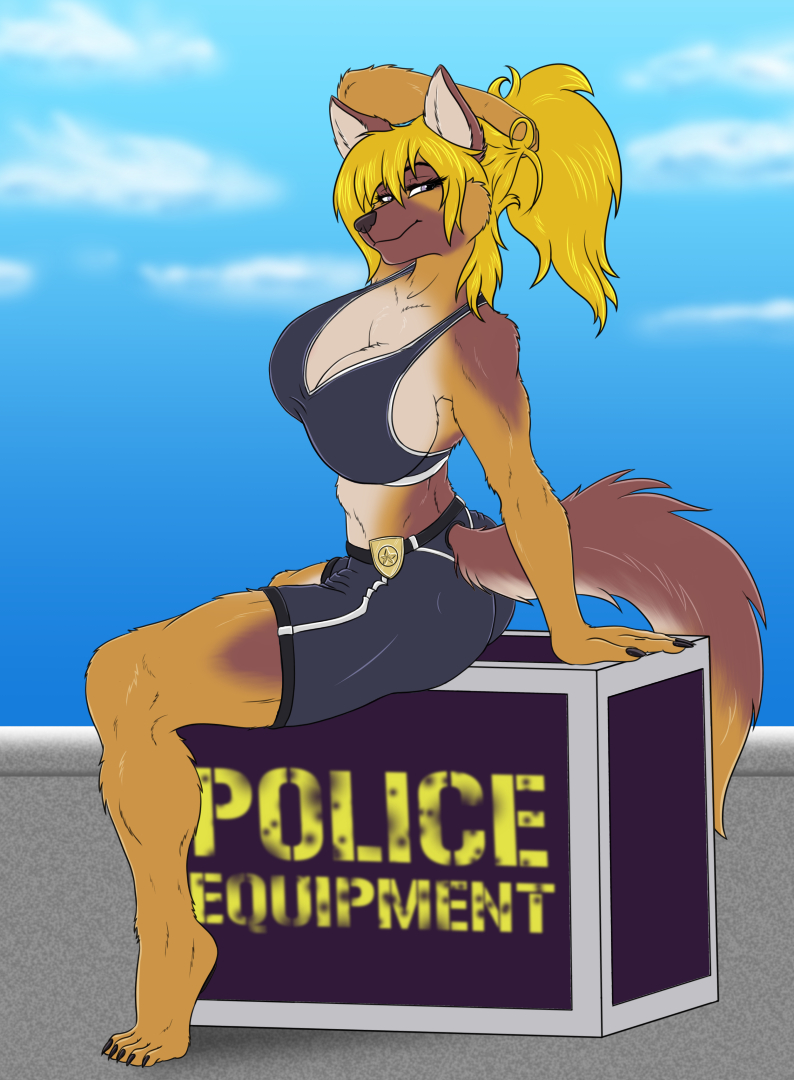2022 5_toes anthro athletic athletic_anthro athletic_female barefoot big_breasts black_nose blonde_hair bottomwear box bra breasts brown_body brown_fur butt canid canine canis claws cleavage clothed clothing container crate day digital_media_(artwork) domestic_dog feet female finger_claws fingers flat_colors fur german_shepherd ghostwolf hair hand_behind_head herding_dog hindpaw humanoid_hands long_hair looking_at_viewer mammal midriff on_box on_crate outside pastoral_dog paws police_badge police_officer pose shorts signature sitting sitting_on_box sitting_on_crate smile solo sports_bra toe_claws toes trinity_oreskovich underwear