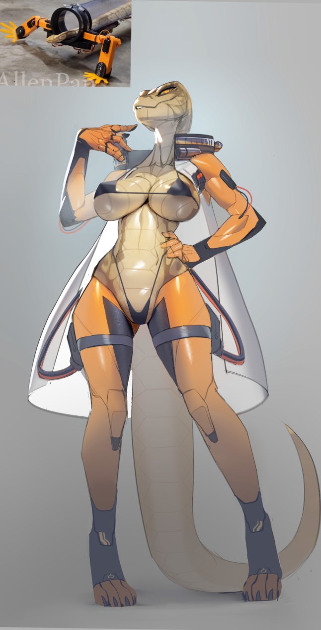 animal_humanoid anthro big_breasts breasts clothing cybernetic_arm cybernetic_leg cybernetic_limb digitigrade female giving_snakes_their_legs_back hi_res humanoid reptile reptile_humanoid scalie scalie_humanoid skygracer snake snake_humanoid solo swimwear