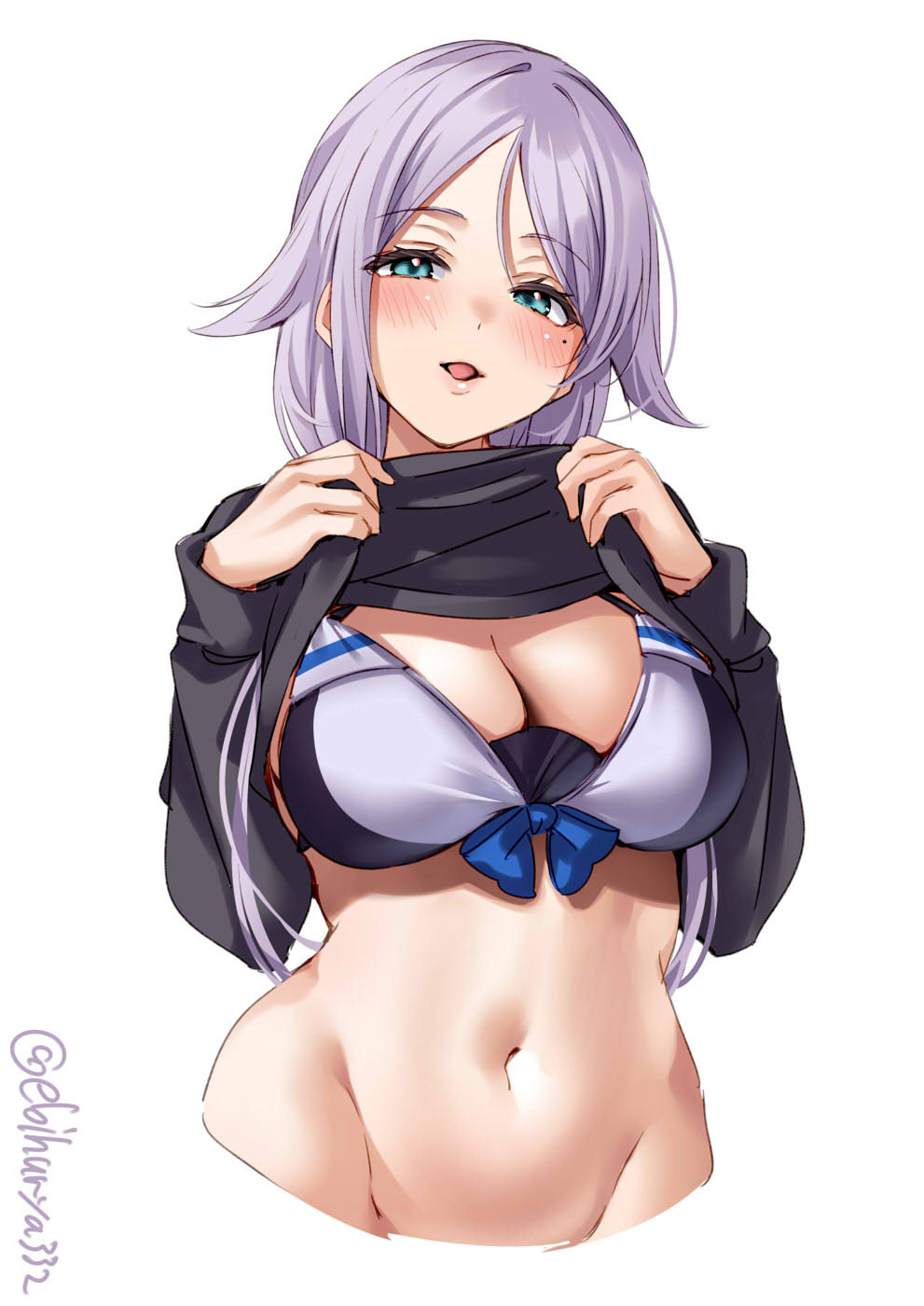 1girl aqua_eyes bangs bikini bikini_top_only blue_bow blue_bowtie bow bow_bikini bowtie breasts cleavage clothes_lift cropped_torso ebifurya front-tie_bikini front-tie_top groin hair_flaps hair_tie highres kantai_collection large_breasts long_hair looking_at_viewer mole mole_under_eye multicolored_bikini multicolored_clothes navel one-hour_drawing_challenge parted_bangs simple_background smile solo stomach sweater sweater_lift swimsuit twitter_username umikaze_(kancolle) upper_body very_long_hair white_background white_hair