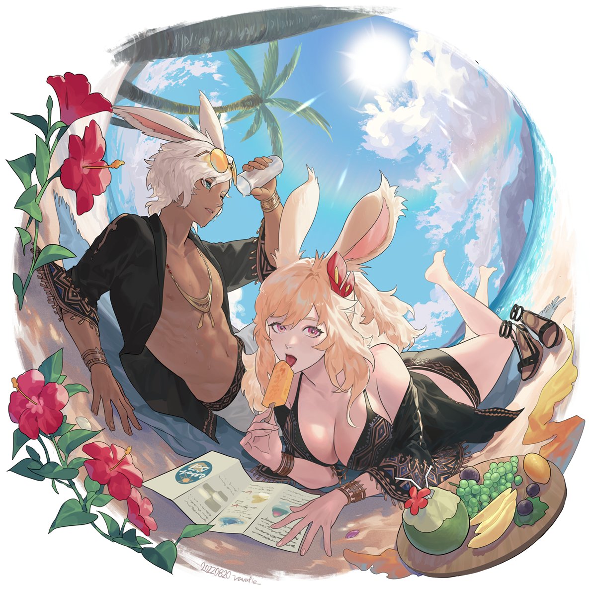 1boy 1girl adventurer_(ff14) animal_ears arch bare_shoulders barefoot beach bikini black_bikini black_shirt blonde_hair blue_eyes bracelet bracer breasts brochure byuub cleavage cloud coconut cup dark-skinned_male dark_skin drinking_straw eating eyewear_on_head feet_up final_fantasy final_fantasy_xiv flower food fruit full_body grapes hair_between_eyes hair_flower hair_ornament hibiscus holding holding_cup holding_ice_cream jewelry large_breasts long_hair looking_at_viewer lying necklace ocean on_stomach one_eye_closed open_clothes open_shirt outdoors pale_skin palm_tree parted_lips pectorals pink_eyes rabbit_boy rabbit_ears rabbit_girl reclining red_flower shirt shoes shoes_removed short_hair strappy_heels sun sunlight swimsuit tongue tongue_out tree viera wavy_hair white_hair