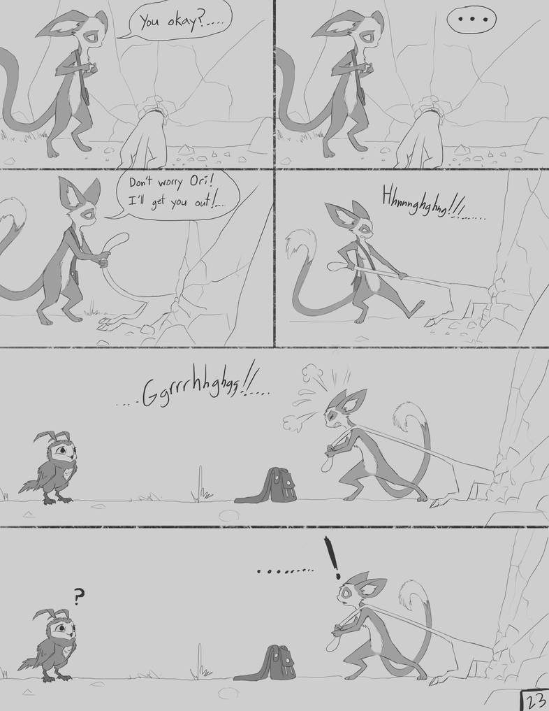 2022 anthro avian bag biped bird clenched_teeth comic dialogue duo english_text eyes_closed feathers feral fur group guardian_spirit hooves inner_ear_fluff ku looking_back looking_down mammal ming moki_(species) monochrome multicolored_body multicolored_feathers multicolored_fur ori ori_(series) ori_and_the_blind_forest ori_and_the_will_of_the_wisps owl pull_out rock shupamikey steam stuck surprise tail_pull tail_tuft talons teeth text through_wall trio tuft tufted_ears tufted_fur