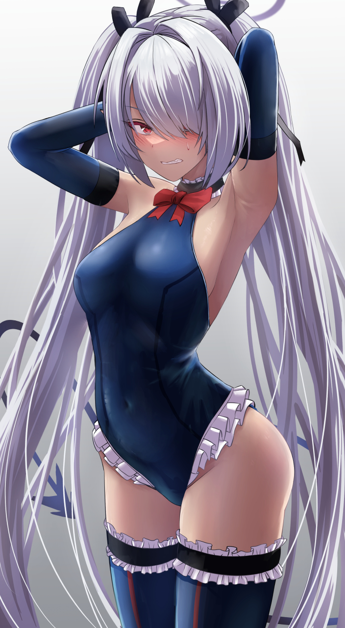 1girl armpits arms_behind_head arms_up blue_archive blue_swimsuit blue_thighhighs blush bow bowtie breasts clenched_teeth cosplay covered_navel dark-skinned_female dark_skin dead_or_alive demon_tail detached_sleeves frilled_swimsuit frilled_thighhighs frills gradient gradient_background grey_hair groin hair_intakes hair_over_one_eye halo highres iori_(blue_archive) long_hair looking_at_viewer marie_rose marie_rose_(cosplay) marie_rose_(devilish_servant_against_the_splashing_waves) one-piece_swimsuit open_mouth red_bow red_bowtie red_eyes silver_bullet_(ecc12_8) small_breasts solo sweatdrop swimsuit tail teeth thighhighs twintails very_long_hair