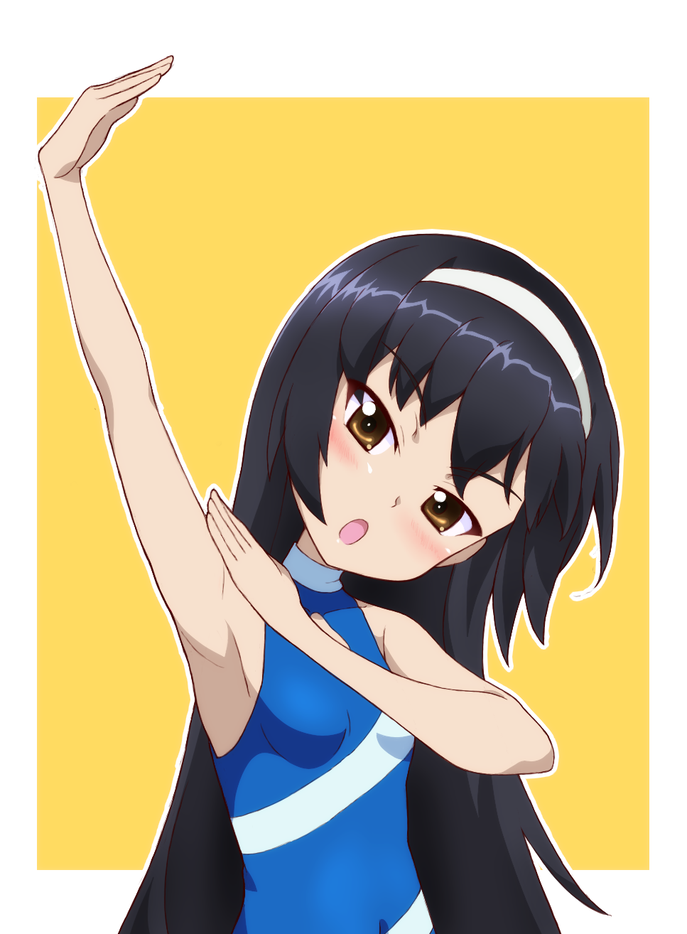 arm_up bangs black_hair blue_swimsuit breasts brown_eyes commentary delicious_party_precure frown girls_und_panzer hairband halterneck head_tilt highres kayabakoro looking_at_viewer one-piece_swimsuit open_mouth outline outside_border pose precure reizei_mako small_breasts standing swimsuit voice_actor_connection white_hairband white_outline yellow_background