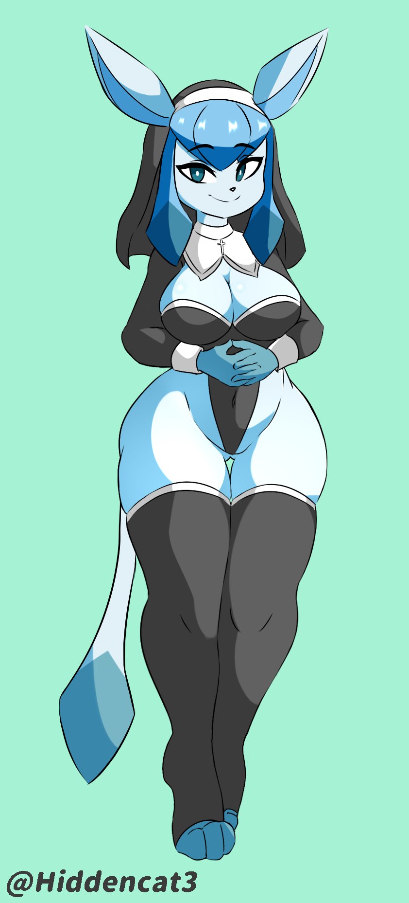 alternate_version_at_source anthro blue_body blue_eyes breasts clothing costume eeveelution female glaceon hi_res hidden-cat legwear nintendo nun nun_outfit one_eye_closed pok&eacute;mon pok&eacute;mon_(species) pok&eacute;morph solo thick_thighs thigh_highs video_games wink