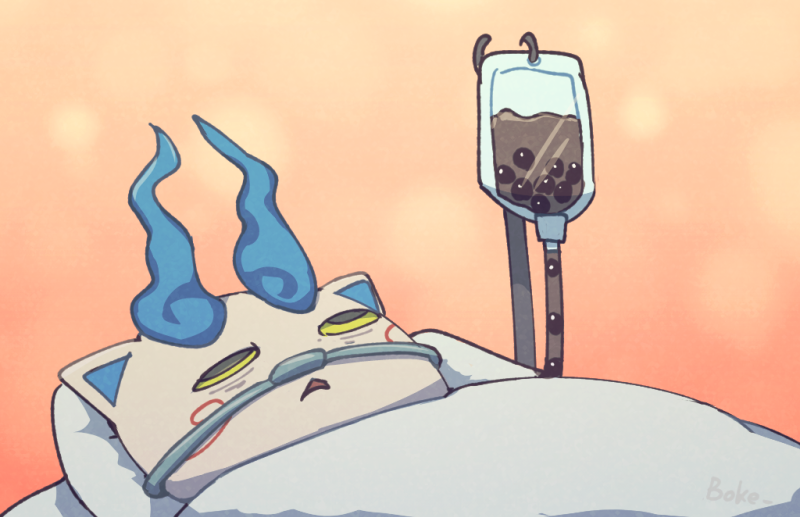 1other :&lt; artist_name bags_under_eyes bed blanket boke-chan bubble_tea colored_sclera commentary_request furry green_sclera grey_eyes half-closed_eyes intravenous_drip komasan looking_up lying nasal_cannula on_back open_mouth orange_background other_focus pillow rolling_eyes signature simple_background solo under_covers what youkai_watch