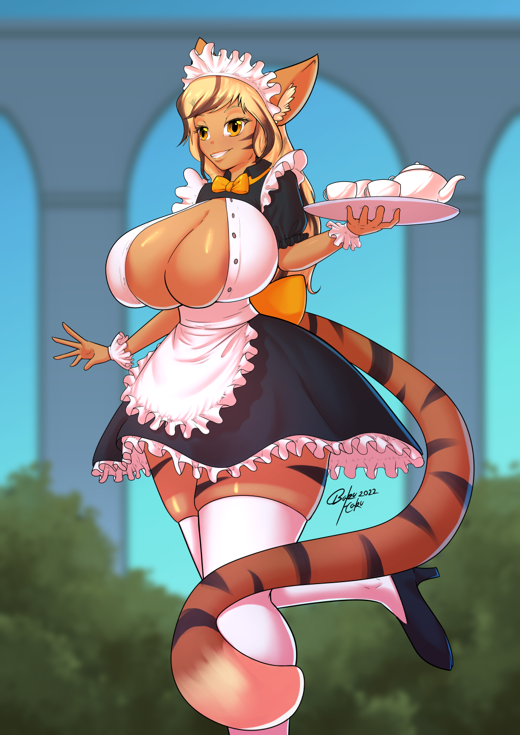 animal_humanoid areola bakuhaku big_breasts blonde_hair breasts cleavage clothed clothing felid felid_humanoid female footwear hair hi_res high_heels huge_breasts humanoid legwear maid_uniform mammal mammal_humanoid pantherine pantherine_humanoid striped_body stripes teapot thick_thighs thigh_highs tiger_humanoid uniform