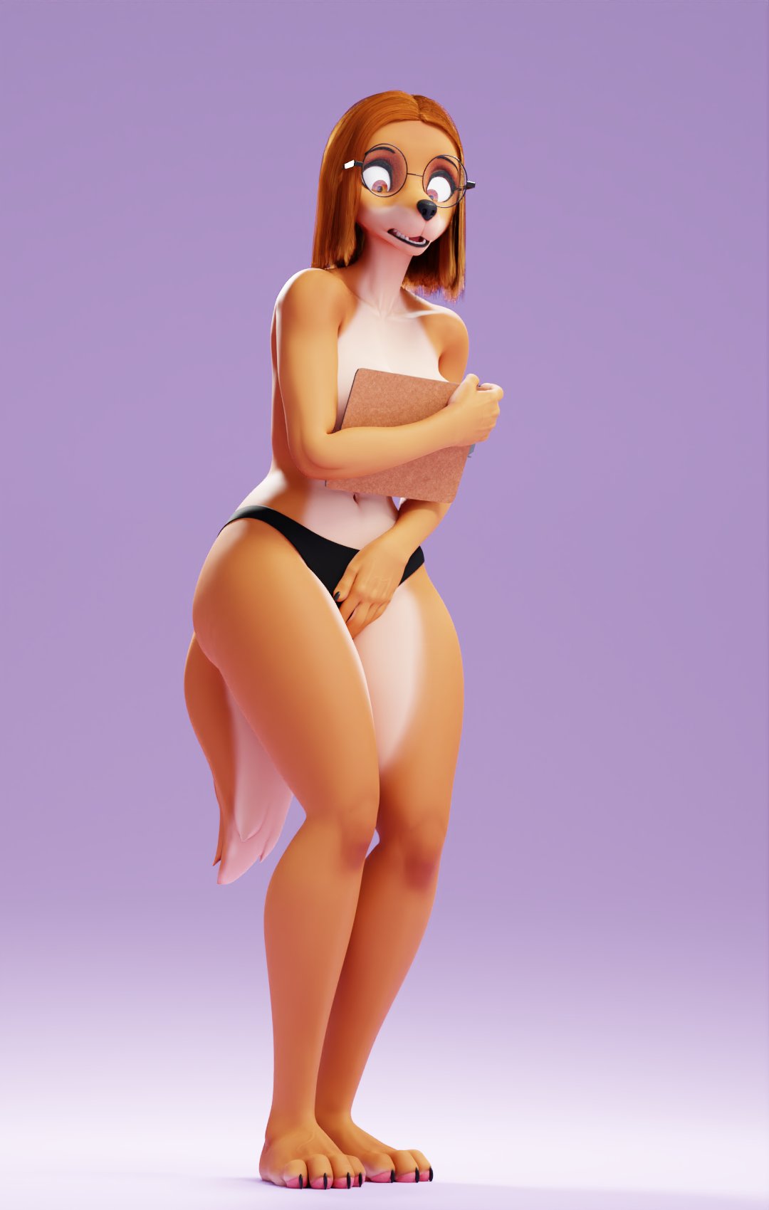 3d_(artwork) anthro brown_hair canid canine canis clothed clothing connivingrat covering covering_self digital_media_(artwork) domestic_dog eyewear female glasses hair hi_res hunting_dog illumination_entertainment mammal panties purple_background saluki sighthound simple_background sing_(movie) solo suki_lane topless underwear