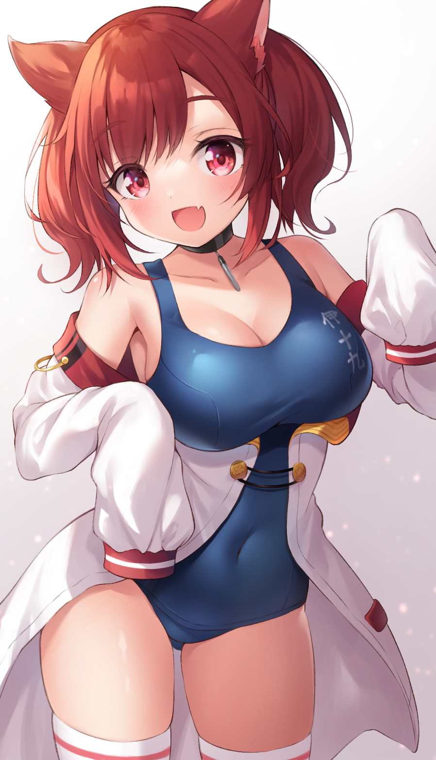 1girl animal_ears azur_lane bangs bare_shoulders black_choker blue_swimsuit blush breasts brown_hair choker cleavage collarbone covered_navel fang highres i-19_(azur_lane) large_breasts long_sleeves looking_at_viewer medium_hair off_shoulder one-piece_swimsuit open_mouth pink_eyes sakuba_nao skin_fang sleeves_past_fingers sleeves_past_wrists smile swimsuit thighhighs thighs white_thighhighs