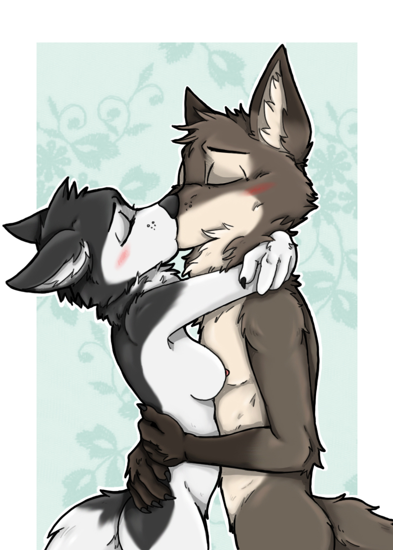 4_fingers anthro bad_guy_cafe black_body black_fur blush breasts canid canine canis couple_(disambiguation) cuddling duo embrace eyes_closed female fingers fur grey_body grey_fur hug kissing male mammal nix_(mick-fries) white_body white_fur wolf wolfgang_jaeger_(readerno31142) ziegelzeig