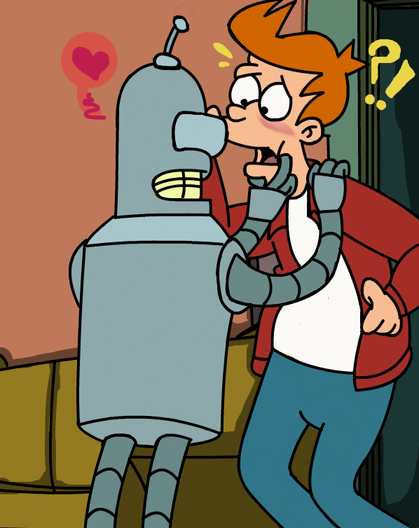 &lt;3 bender_bending_rodr&iacute;guez clothing comedy_central darkwingsnark duo futurama hair human inside jacket machine male male/male mammal orange_hair philip_j._fry red_clothing red_jacket red_topwear robot topwear