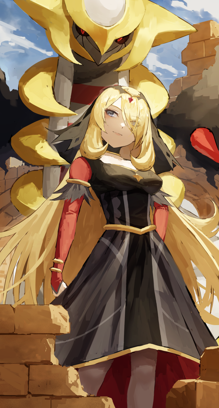 1girl black_choker black_dress blonde_hair brick_wall choker closed_mouth cloud commentary_request cynthia_(pokemon) day dress fagi_(kakikaki) giratina grey_eyes hair_ornament hair_over_one_eye highres long_hair looking_to_the_side official_alternate_costume outdoors pokemon pokemon_(creature) pokemon_(game) pokemon_masters_ex sky smile standing very_long_hair