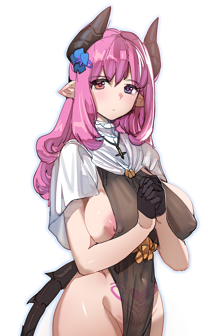 1girl black_gloves blue_flower blush bow_(bhp) breasts capelet closed_mouth cowboy_shot cross demon_girl flower gloves hair_flower hair_ornament heart heart-shaped_pupils heart_tattoo heterochromia horns huge_breasts interlocked_fingers inverted_cross inverted_cross_necklace looking_at_viewer nipples original own_hands_together pelvic_curtain pink_eyes pink_hair pointy_ears pubic_tattoo purple_eyes simple_background solo standing symbol-shaped_pupils tail tattoo white_background white_capelet