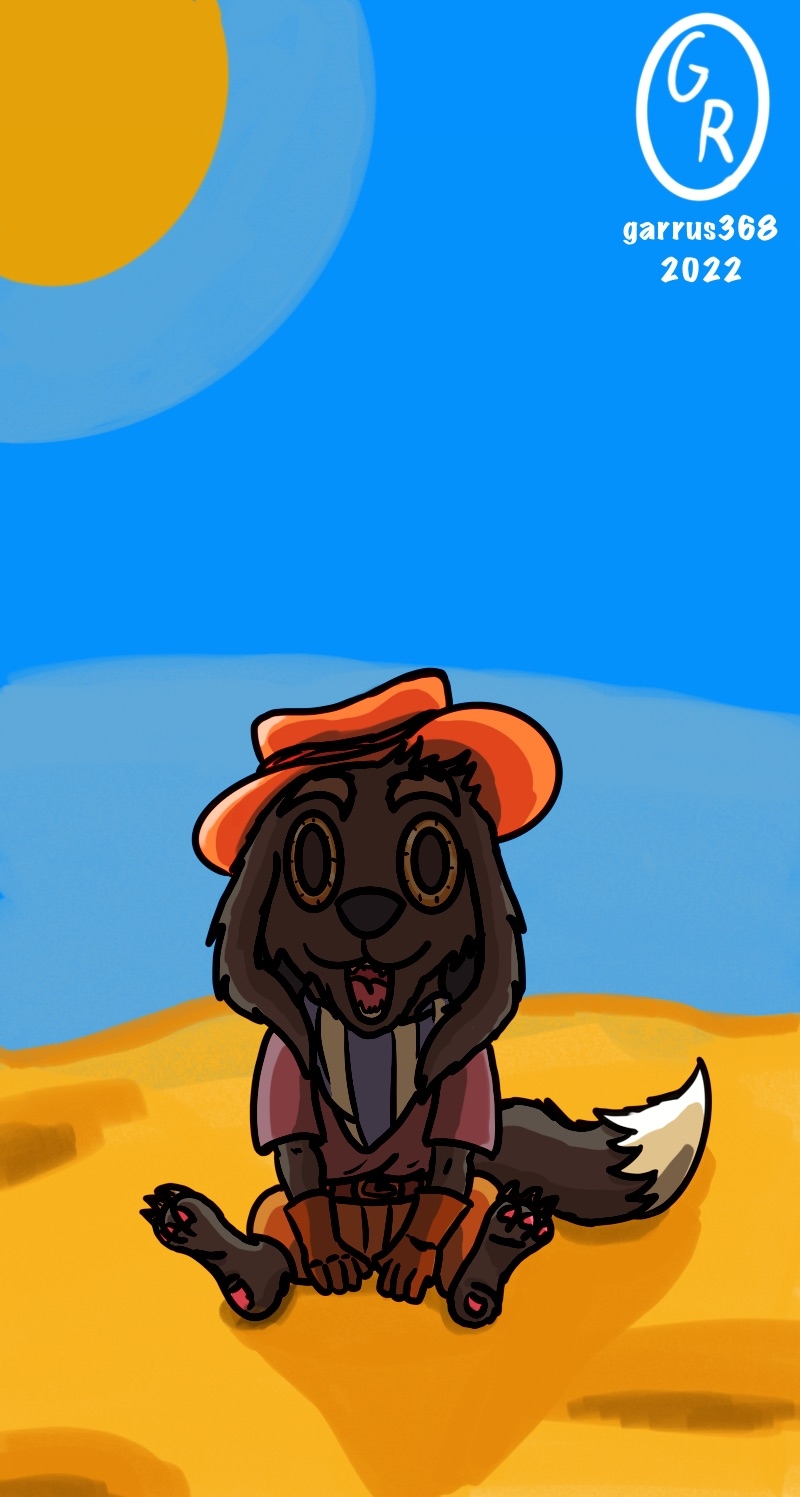 anthro black_body black_fur canid canine child clothing cowboy_hat desert fur garrus368 hat hay headgear headwear hi_res male mammal nesthus nesthus_(garrus368) open_mouth solo sun tail wiffen wiffen_(specie) yellow_eyes young