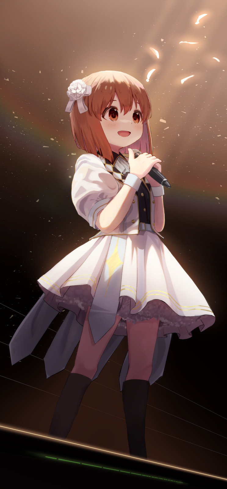 1girl :d black_shirt black_socks blush brown_eyes brown_hair collared_shirt commentary_request dress_shirt feathers hagiwara_yukiho hands_up highres holding holding_microphone idolmaster idolmaster_(classic) jacket kneehighs looking_away microphone mimikaki_(men_bow) open_clothes open_jacket pleated_skirt puffy_short_sleeves puffy_sleeves shirt short_sleeves skirt smile socks solo standing white_feathers white_jacket white_skirt