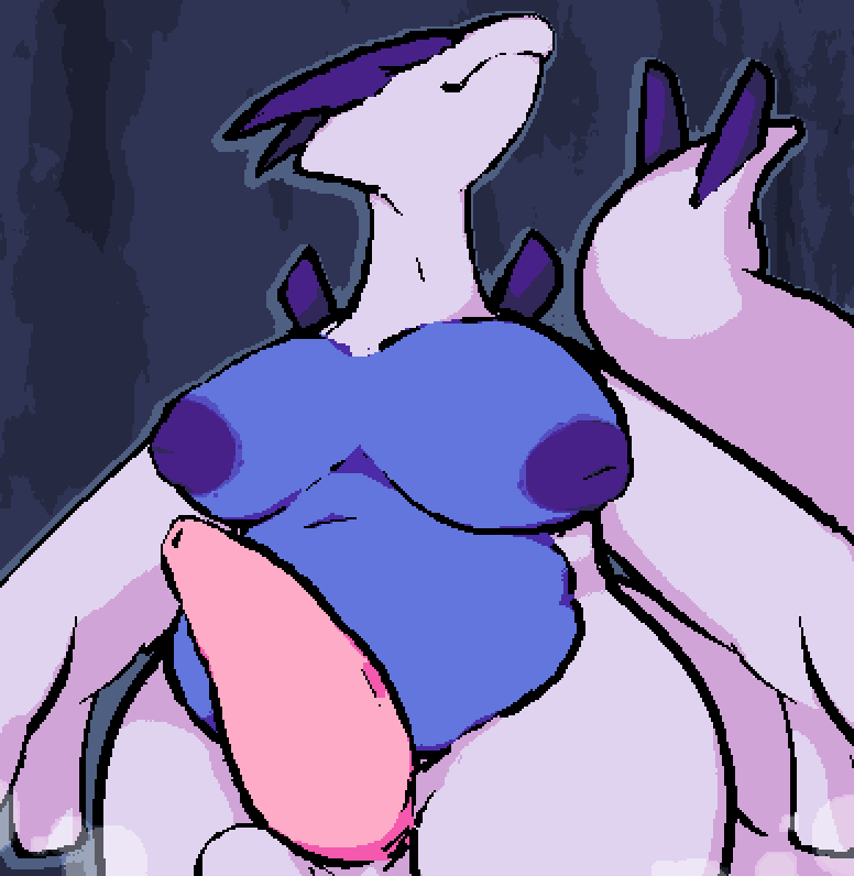 anthro areola bare_chest big_tail blue_areola blue_body blue_nipples breasts catjam_(artist) genitals gynomorph intersex legendary_pok&eacute;mon long_neck lugia mature_gynomorph mature_intersex nintendo nipples overweight overweight_gynomorph overweight_intersex penis pink_cock pok&eacute;mon pok&eacute;mon_(species) pussy solo thick_thighs video_games waterfall white_body